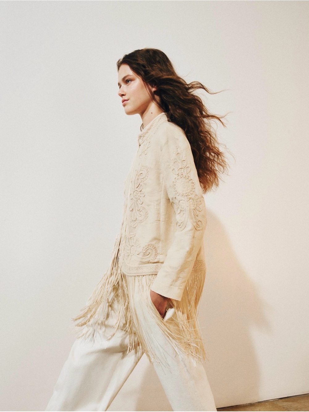 Zara Cream Embroidered Fringe Jacket
